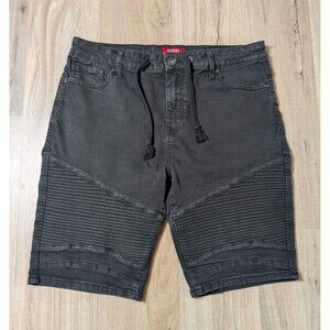 Guess Size 38 Bradley Moto Black Denim Bermuda Shorts Ribbed Knee Drawstring